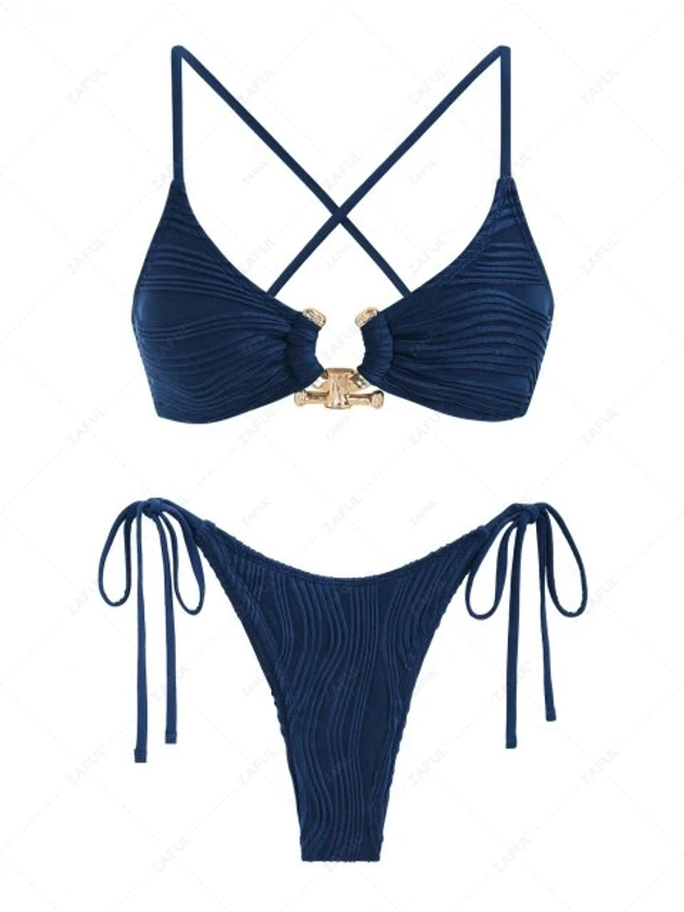 ZAFUL Women\'s Tie Side O-ring High Leg Wavy Jacquard Textured Criss Cross Metal Decor Two Piece Swimwear Bikini Set