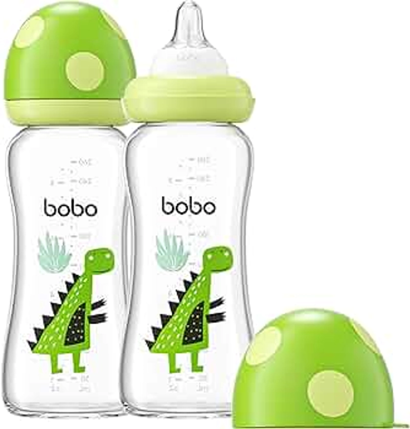Natural Glass Baby Bottle with Natural Response Nipple, Newborn Anti-Colic Baby Bottles, Wide Neck Mushroom Cap Baby Bottle, Clear (8.8ounce (Pack of 2), Green2)