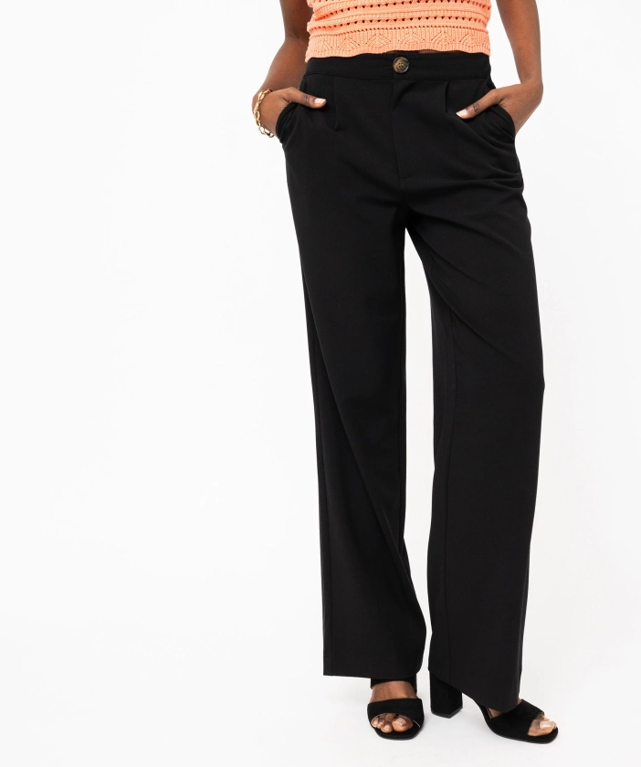 Pantalon fluide coupe large taille haute femme noir | GEMO