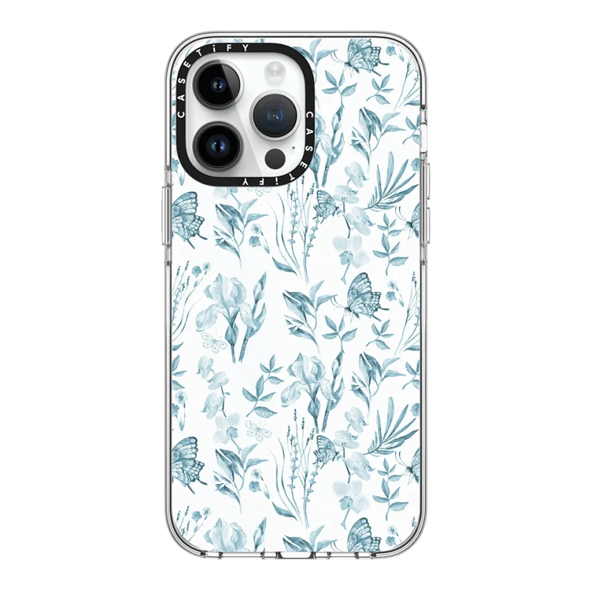 Clear iPhone 14 Pro Max Case MagSafe Compatible - Elegant pastel blue vintage butterfly floral