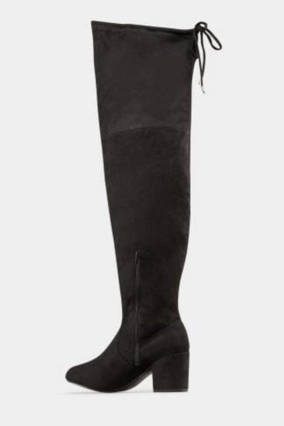 Black Faux Suede Over The Knee Boots In Wide E Fit & Extra Wide EEE Fit