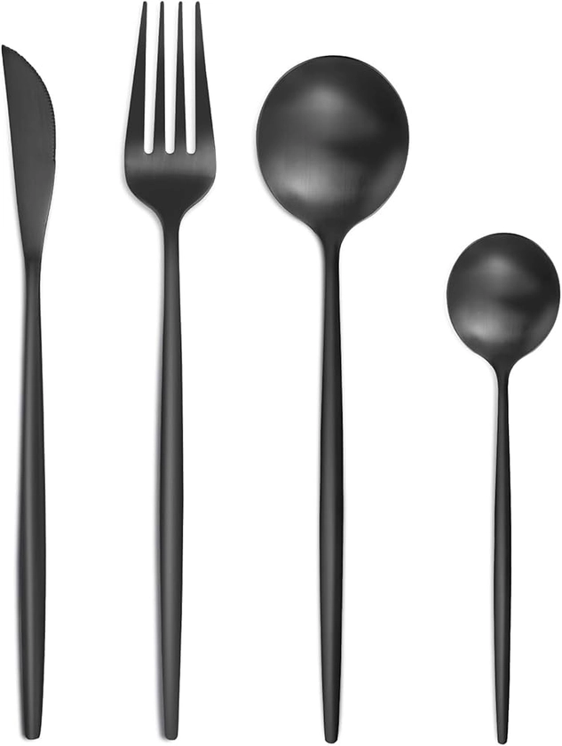 Matte Black Cutlery Sets 16 Pieces, Bestdin Elegant Stainless Steel Cutlery Set 16 Pieces, Kitchen Cutlery Set for 4, Suitable for Home/Party/Restaurant, Black Titanium Coating and Dishwasher Safe