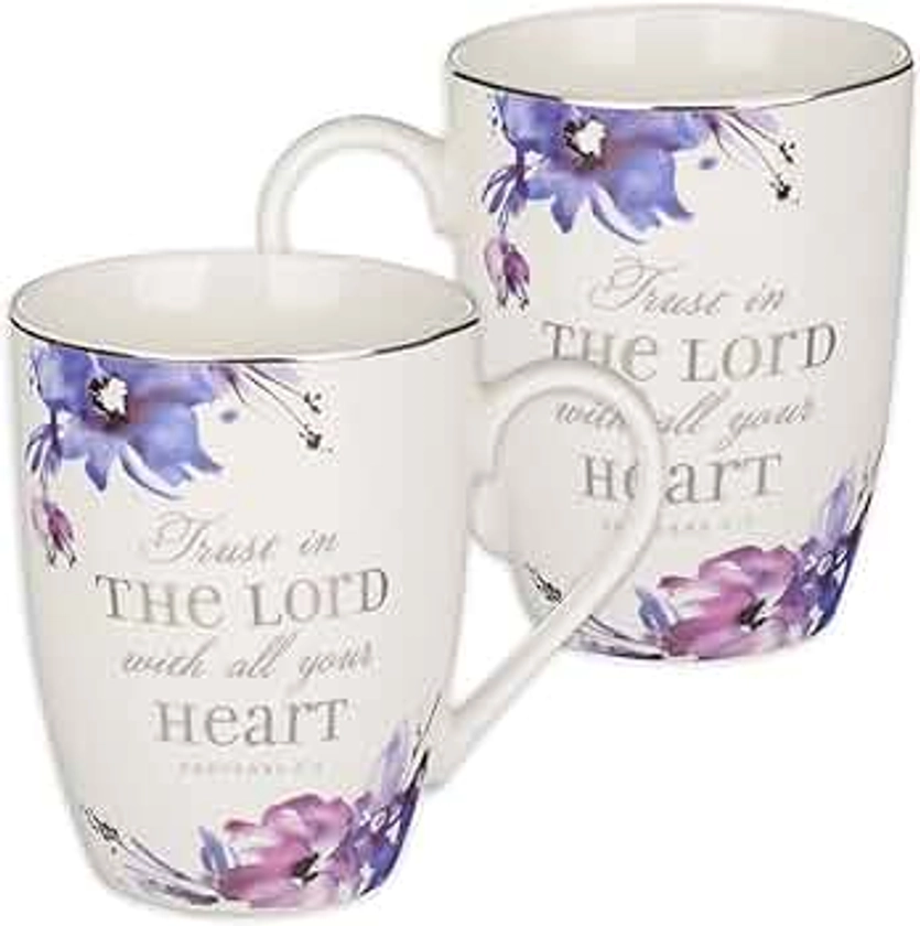 Christian Art Gifts Purple Floral Ceramic Coffee Mug – 11 oz. Lead and Cadmium-Free Non-Toxic Inspirational Scripture Coffee and Tea Mug for Women with Bible Verse: Trust in The Lord – Proverbs 3:5