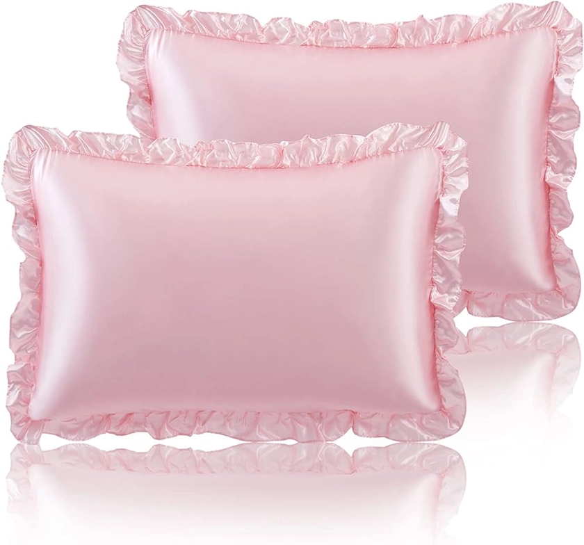 Amazon.com: SiinvdaBZX Ruffled Queen Satin Pillowcase Set of 2, Blush Pink Silky Satin Pillow Cases for Women Ruffle Pillow Shams Covers Princess Room Decoration, with Envelope Closure : Home & Kitchen