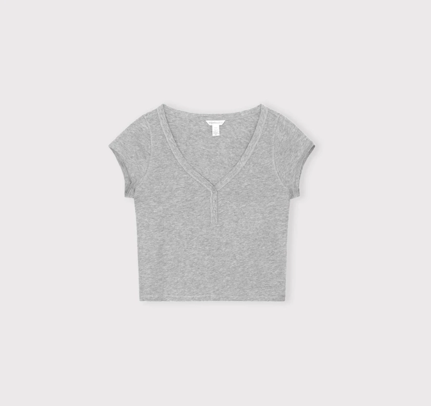 T-shirt court col v | gris "core sport henley v tee grey melange" femme