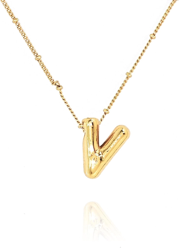 Balloon Initial Necklaces for Women Girls, Bubble Letter Necklace 18K Gold Plated Dainty Alphabet Pendant Puffy Name Personalized Jewelry Gift