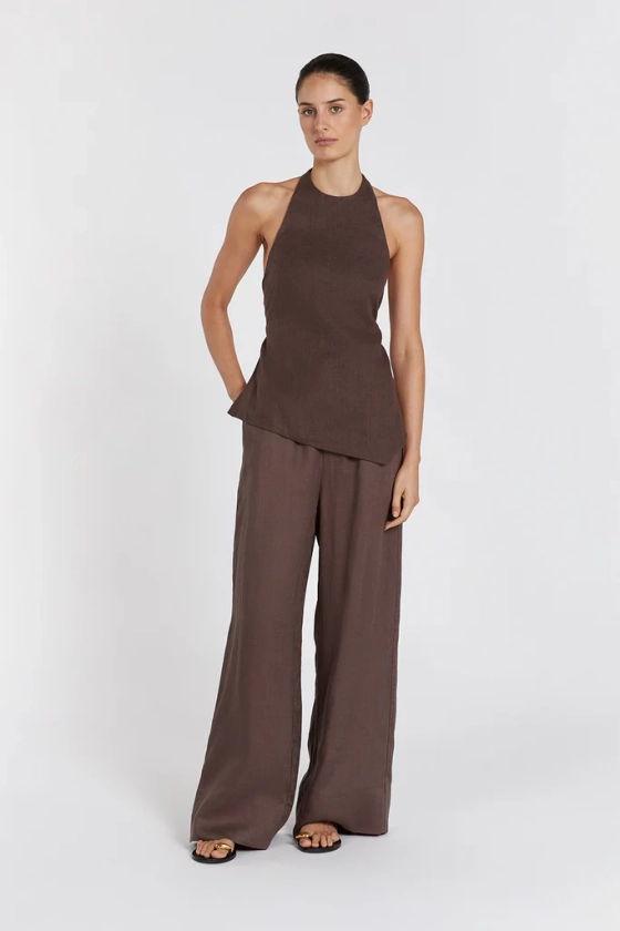 SERENA CHOC LINEN ASYM HALTER TOP