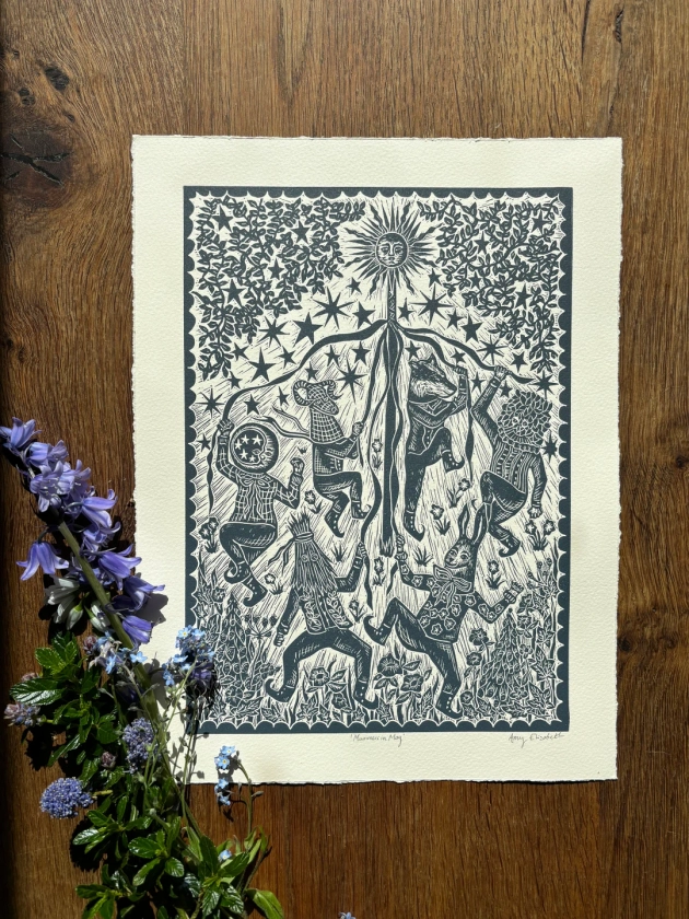 Mummers in May - Impression Lino originale - Édition limitée - Papier Somerset 280 g