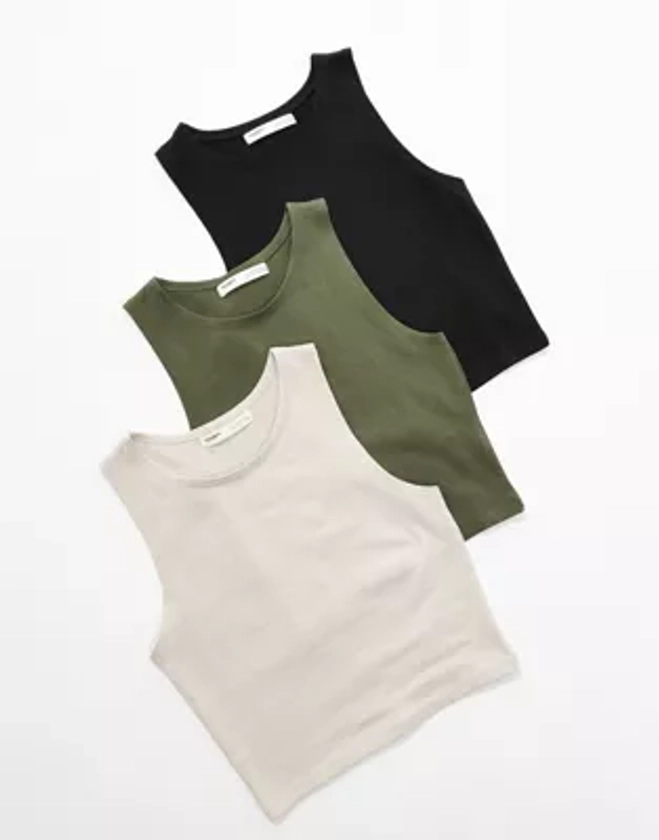 Pull&Bear - Lot de 3 crop tops côtelés à dos nageur - Écru, kaki et noir