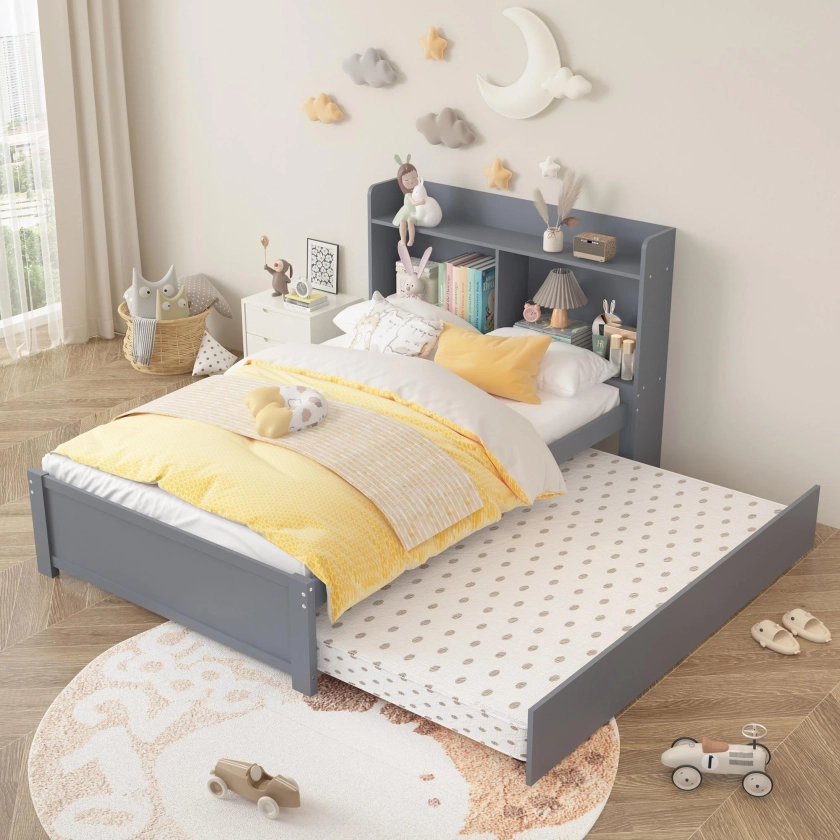 SYNGAR Twin Bed Frame with Trundle and Storage Bookcase, Modern Kids Platform Bed Frame with Pull Out Trundle, Solid Wood Trundle Bed with Headboard and Footboard, No Box Spring Needed, Gray