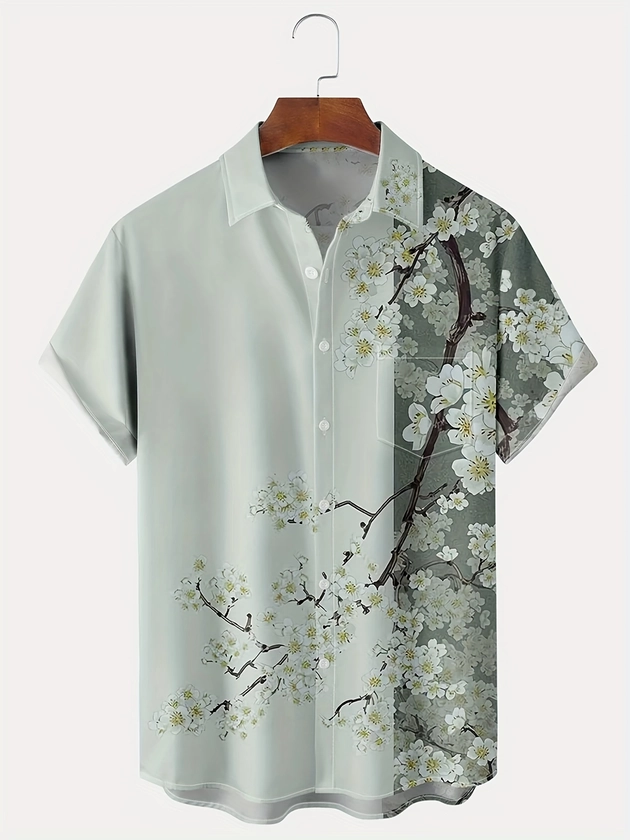 Plus Size Lapel Mens Hawaiian Floral Pattern Button Down Shirts, Top Blouse Shirts, Short Sleeve Dress Shirts