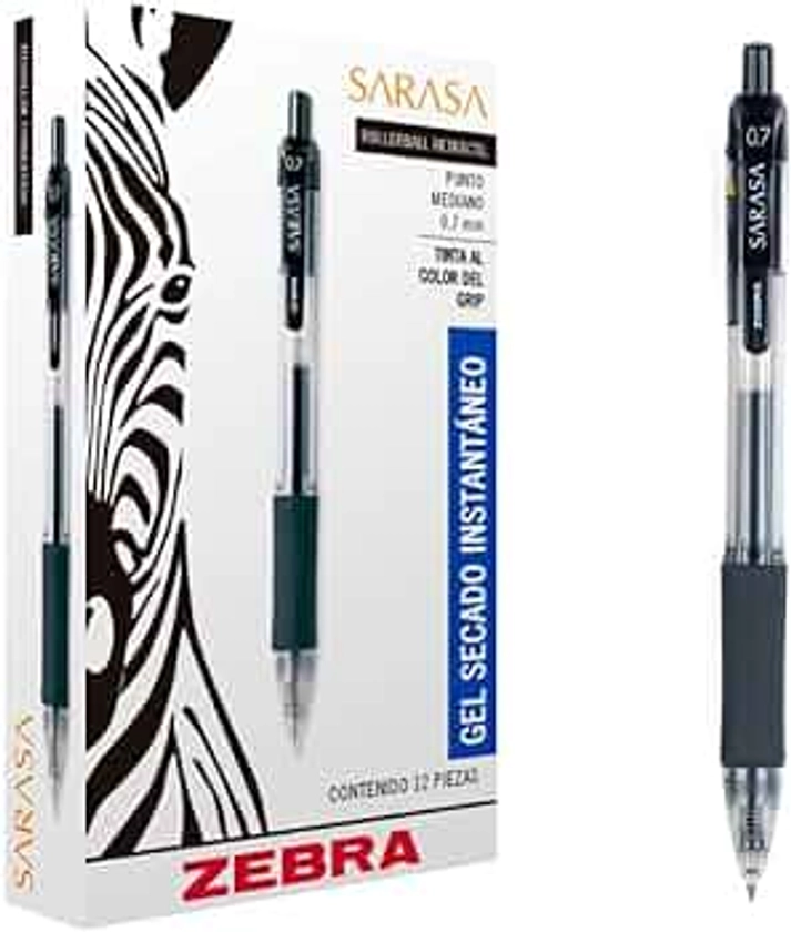 Zebra Rollerball, Pluma Sarasa, Punto Mediano 0,7 mm, Tinta Gel Color Negro, Caja con 12 piezas