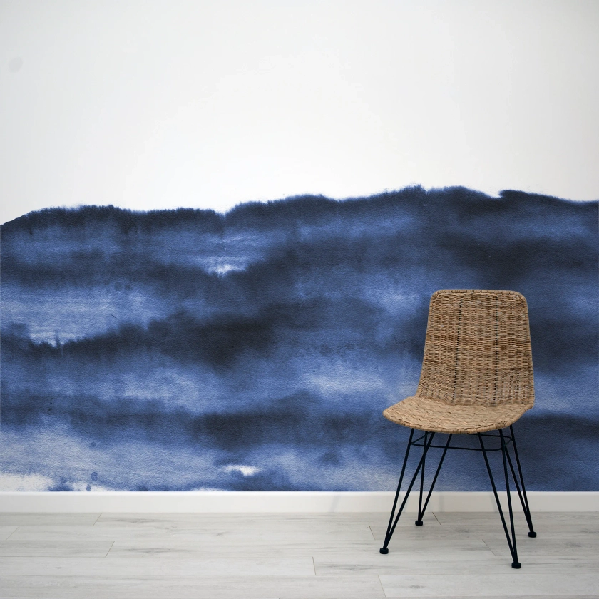 Gradhees Blue Brush Watercolour Wallpaper Mural | WallpaperMural.com