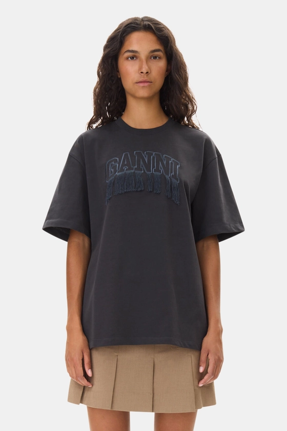 Phantom Black Heavy Cotton Drop Shoulder Fringe T-shirt | GANNI FR