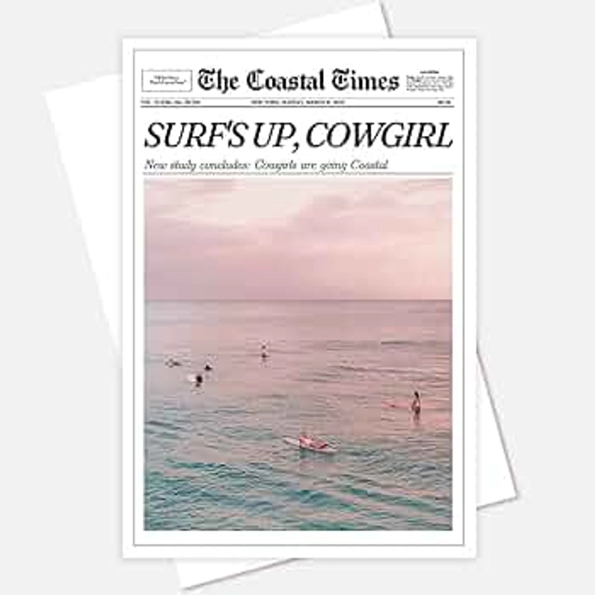 Enveable Coastal Cowgirl Room Aesthetic Poster Trendy Funny Beach Canvas Wall Art Girl Surfer Preppy Pink Surfboard prints painting Newspaper Summer impressionist Surfing wall decor 12x16in Unframed
