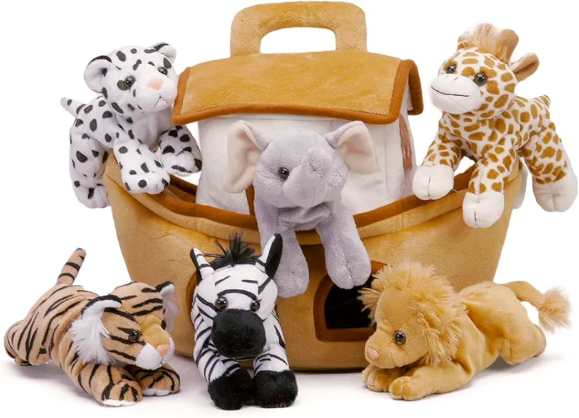 Plush Noah's Ark with Animals - Six (6) Stuffed Animals (Lion, Zebra, Tiger, Giraffe, Elephant, and White Tiger) in Play Ark Carrying Case