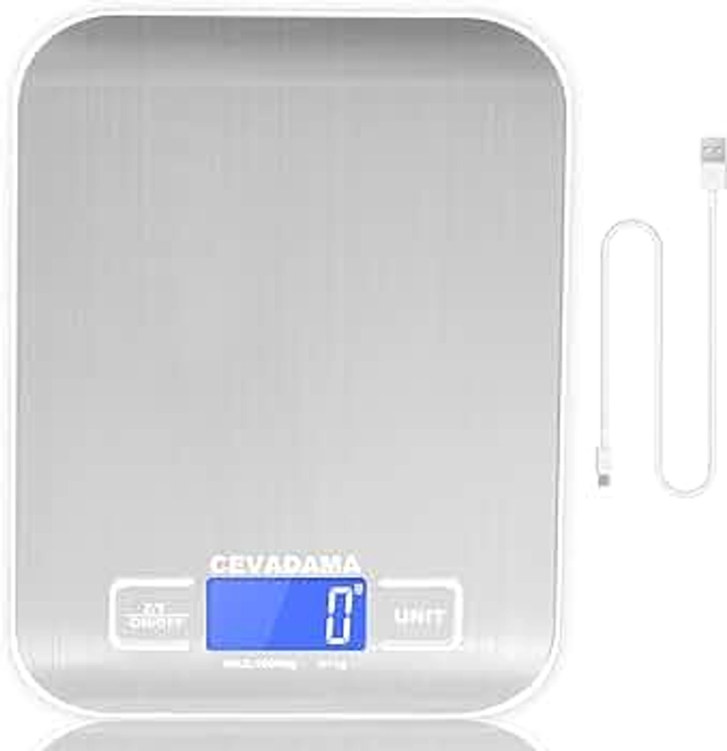 Cevadama USB Rechargeable Baking Digital Scales 10kg/1g, Kitchen Scale for Food Cooking Coffee, Stainless Steel Anti-Fingerprint with Accuracy LCD Display