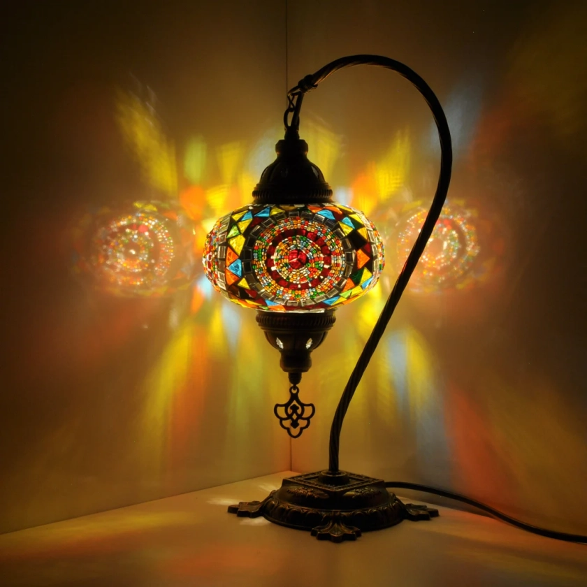 10 Variation - Turkish Lamp Mosaic Table Lamp | Turkish Moroccan Lamp | Handmade Swan Neck Night Lamp | Mosaic Glass Bedside Lamp & Led Bulb