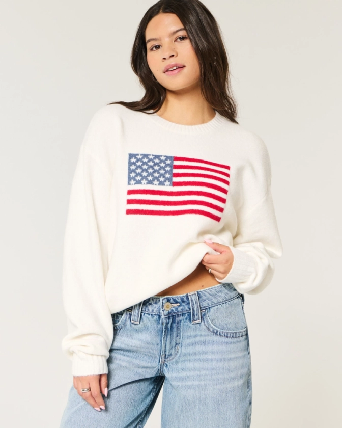 Women's Hollister Comfy Cloud American Flag Graphic Crew Sweater | Women's Tops | HollisterCo.com