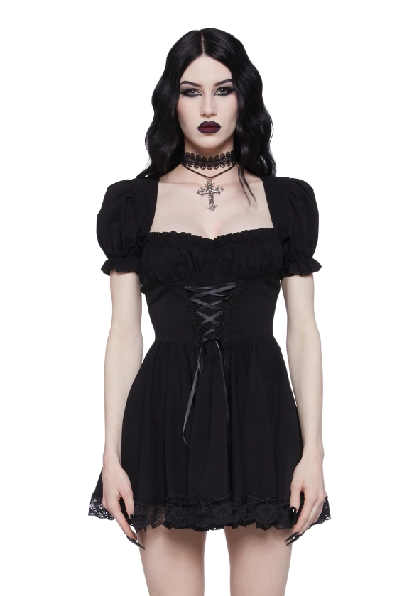Widow Lace Up Mini Dress With Puffy Sleeves - Black