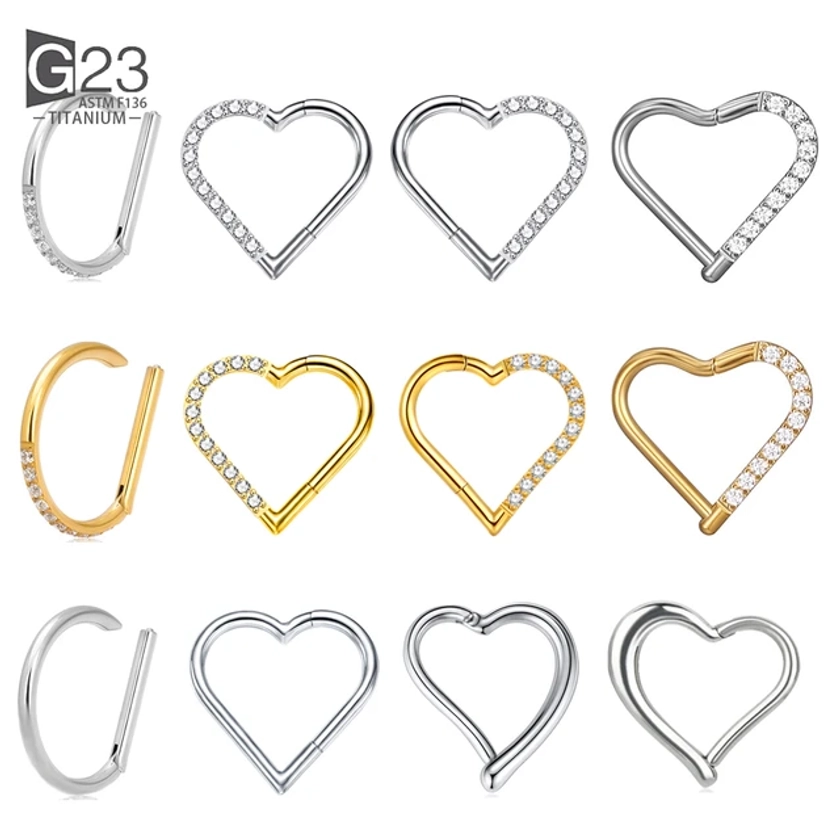 ASTM F-136 Titanium Nose Ring Daith Heart Earring Hoop Cartilage Tragus D Shape Helix Rings Hinged Segment Hoop with Clear CZ - AliExpress 36