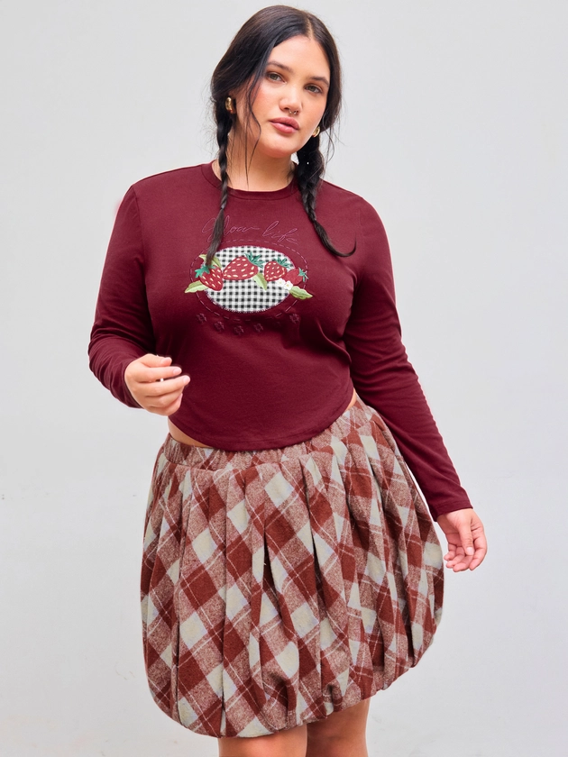 Cotton-blend Round Neckline Check Strawberry Embroidery Long Sleeve Tee Curve & Plus