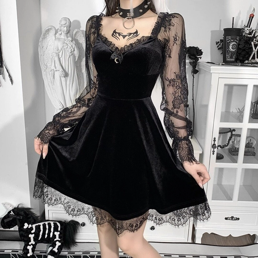 E-girl Grunge Gothic Mini Dress | Lace Trim High Waist Bodycon Dress | Solid Color Lace Stitching | V-Neck Long Flare Sleeve Slim Mini Dress
