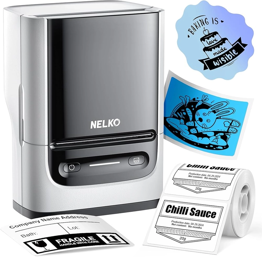 Nelko Label Maker Machine with Tape, PM220 Bluethooth Label Printer, 2 Inch Portable Thermal Printer for Small Business, Address, Logo, Clothing, Sticker Printer for Phones & PC, White