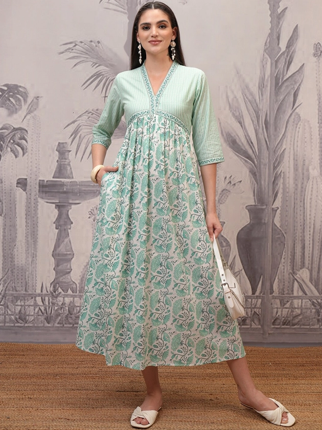 Vishudh Teal Green Floral Print V-Neck Cotton Empire Midi Dress