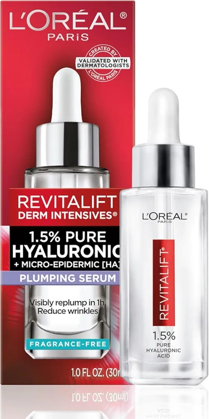 L'Oreal Paris Revitalift 1.5% Pure Hyaluronic Acid Face Serum, Hydrate & Reduce Wrinkles, Fragrance Free 1 oz