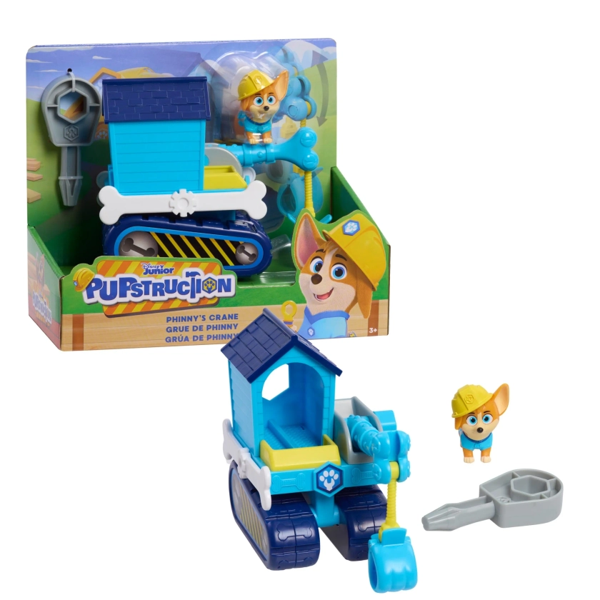 Disney Junior Pupstruction Phinny’s Crane 3-piece Figure and Vehicle Set, Blue, Dog, Kids Toys for Ages 3 up