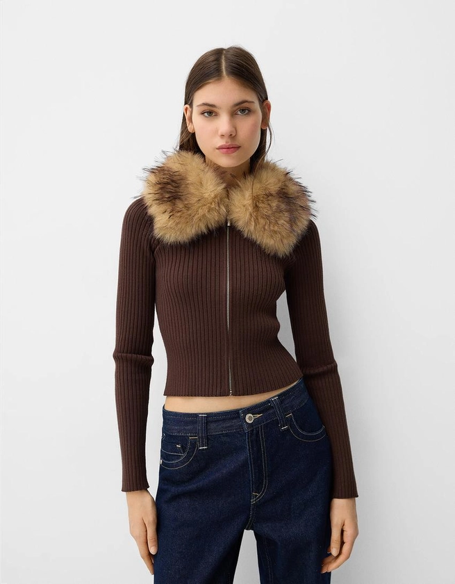 Knit jacket with faux fur collar