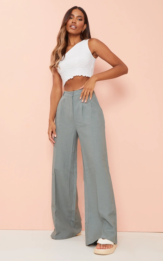 Grey Linen Look High Waist Wide Leg Trousers