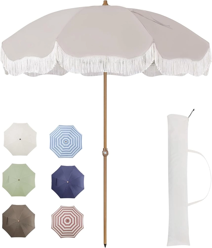 Tempera 7ft Outdoor Patio Umbrella with Carry Bag,Beach Umbrella with Fringe|Vintage Tassel Umbrella with Prime Steel Pole and Ribs Push Button Tilt,Ideal for Garden Lawn Poolside,UPF50+