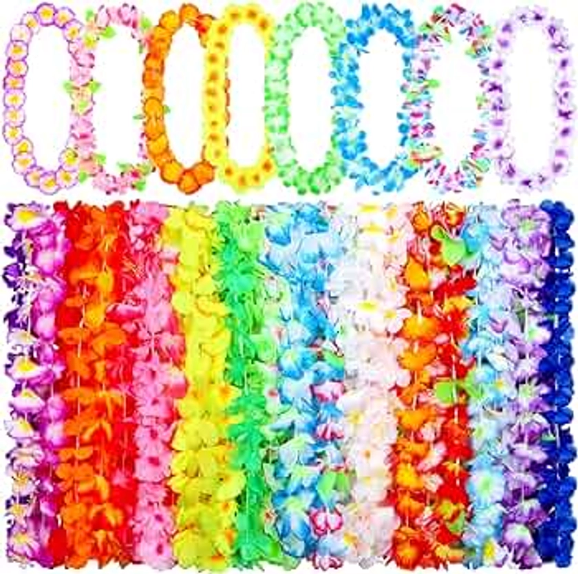 ELCOHO 144 Pieces Hawaiian Leis Bulk Colorful Tropical Flower Garland Hawaiian Leis Necklace Beach Luau Party Supplies for Adults Summer Birthday Party Decorations
