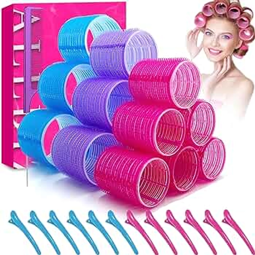 ALLBIZ Jumbo Hair Rollers Sets, Large Self Grip Hair Curlers, 32 Packs Hair Roller With Clips Includes 3 Size 18 Pcs Heatless Velcro Rollers and 12 Pcs Hair Clips for Long Medium Short Hair (Jumbo)