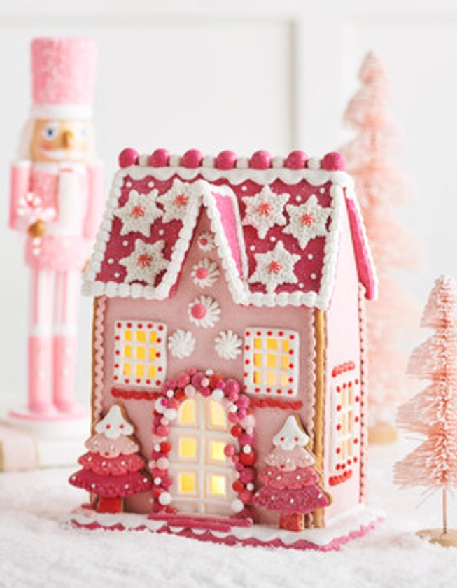 Raz 13" Lighted Pink Christmas Gingerbread House Decoration 4416187