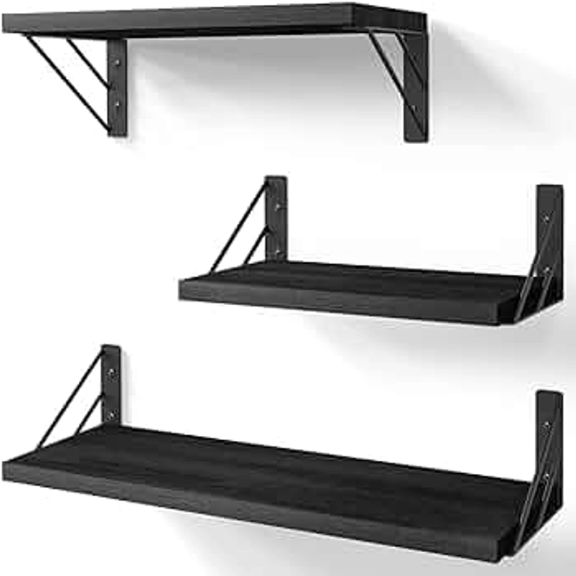 BAYKA Wall Shelves for Bedroom Decor, Floating Shelves for Wall Storage, Wall Mounted Rustic Wood Shelf for Books,Plants,Small Wall Shelf for Bathroom,Kitchen,Living Room(Black，Set of 3)