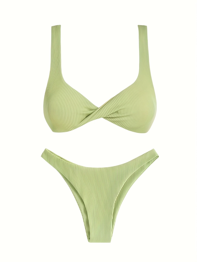 Rib Knit Twist Green 2 Piece Set Bikini, Solid Color High Stretch Simple Swimsuits, Women's Swimwear & Clothing