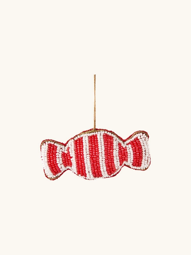 Beaded ornament bonbon | 8.6 x 4.1 cm. | Red, White