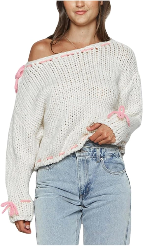 Women Cute Bow Sweater Long Sleeve Bow Front Knitted Pullover Ribbon Lace Up Cable Jumper Knitwear Going Out Top