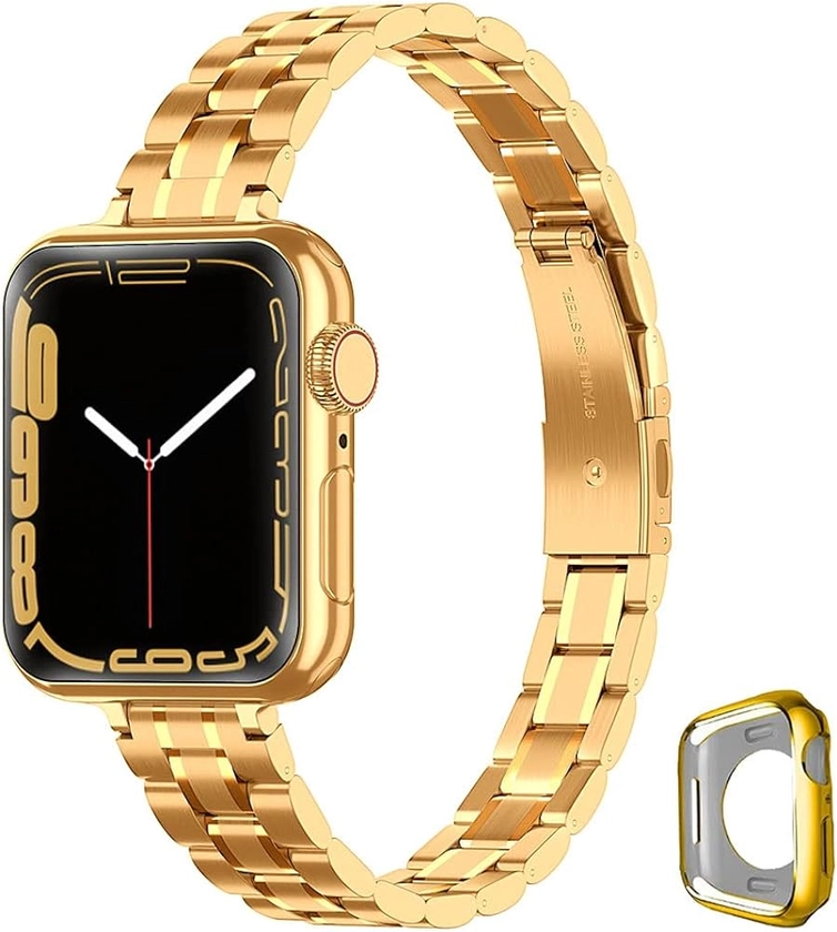Metal band Compatible with Apple Watch Band 38mm 40mm 41mm 42mm 44mm 45mm for women, Slim and Thin Stainless Steel Replacement Adjustable Wristband for iWatch Series 9/8/7/6/5/4/3/2/1/SE