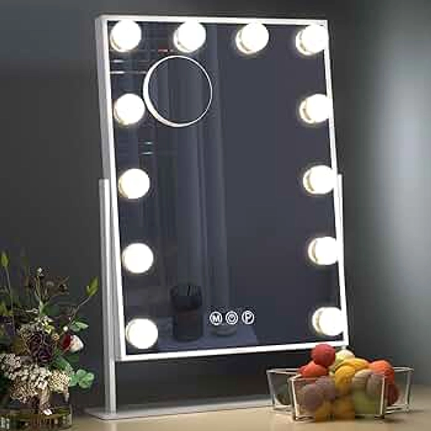 Hansong Hollywood Vanity Mirror with Lights 12 Dimmable LED Bulbs Lighted Makeup Mirror with 3 Color Light & 10X Magnifying Touchscreen Control 360° Rotation Dressing Table Mirror