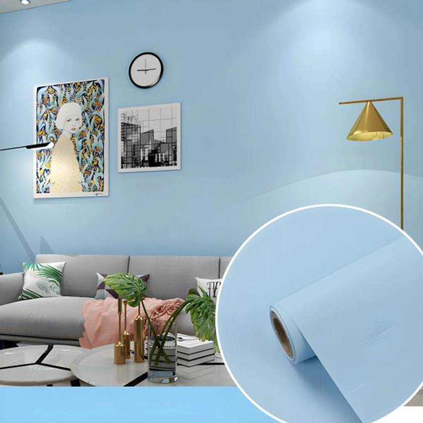 Solid-Colored Wallpaper Roll Contemporary Self-Adhesive Bedroom Wall Decor, 19.4-sq ft - Sky Blue Wallpaper Roll