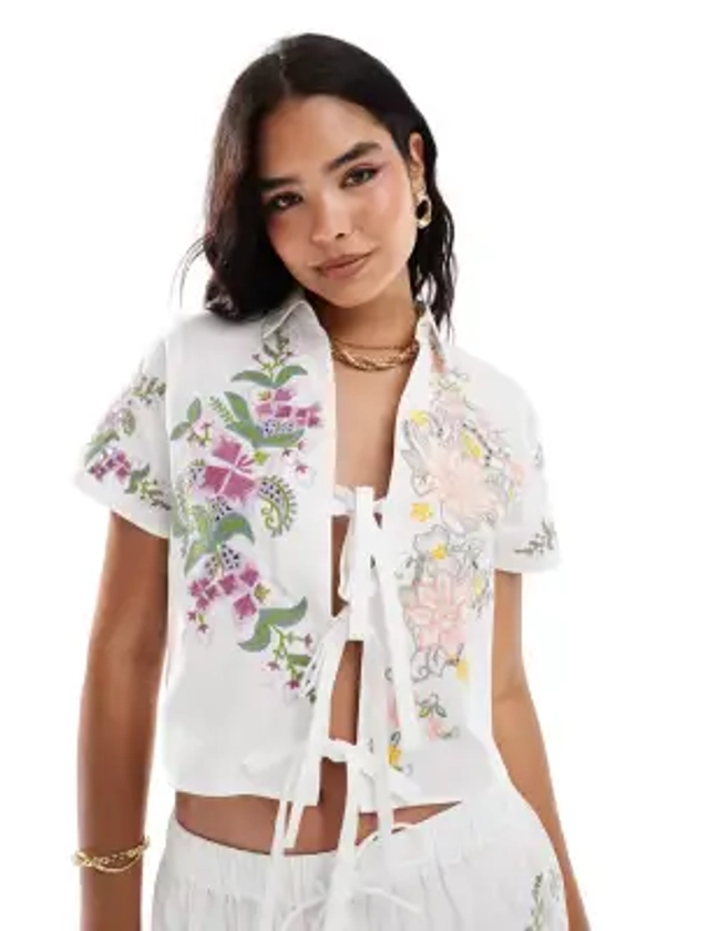 ASOS DESIGN embroidered tie front floral shirt co-ord in white | ASOS