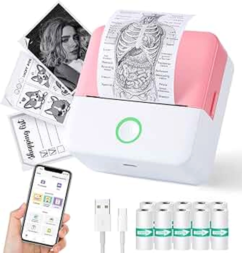 Thermal Mini Printer, Portable Inkless Sticker Maker, Bluetooth Printer for Phone, Wireless Label Printer with Tape, Free Cut Small Pocket Printer for Notes&Children DIY, Compatible with iOS&Android