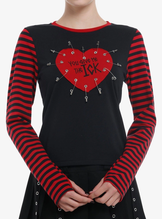 Social Collison Red & Black Stripe Ick Girls Long-Sleeve Top