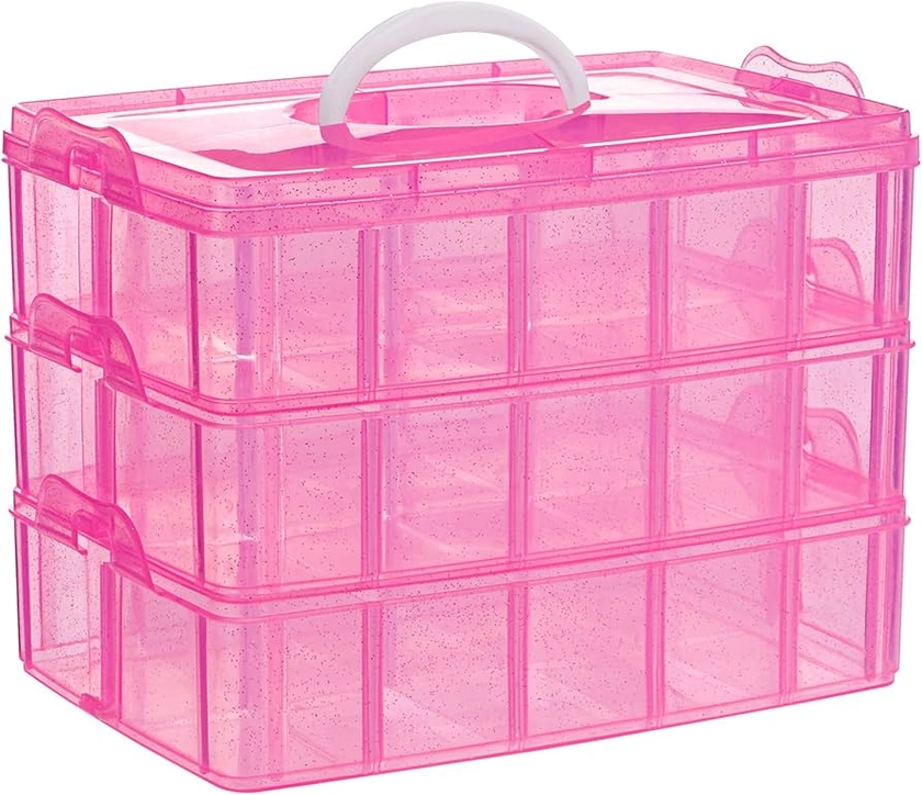 SGHUO 3-Tier Pink Craft Storage Container, Stackable Organizer Box with Dividers for Art Supplies, Beads, Washi Tapes, Seed, Hair Accessories, Nail, 9.5X6.5X7.2in