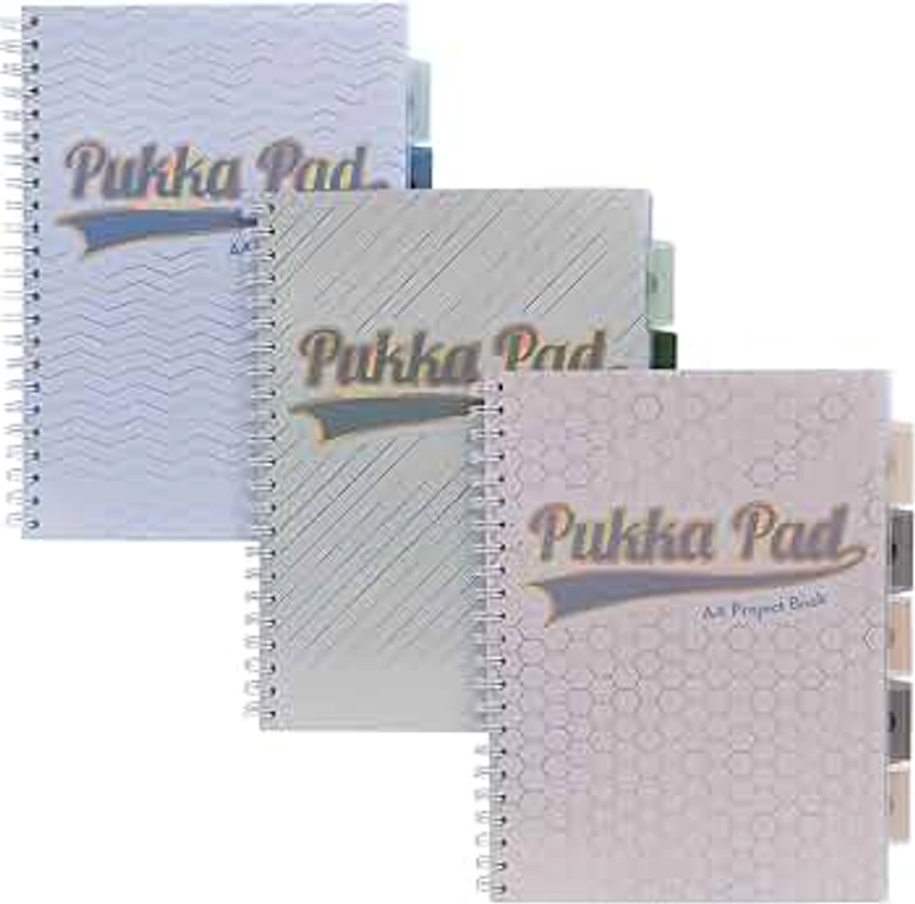 Pukka Pad Haze A4 Project Book – Pack of 3 Wirebound Notebooks with 5 Repositionable Dividers with Storage Pockets and Tabs for Organisation and Personalisation – 200 Pages, 100 Sheets of 80GSM Paper