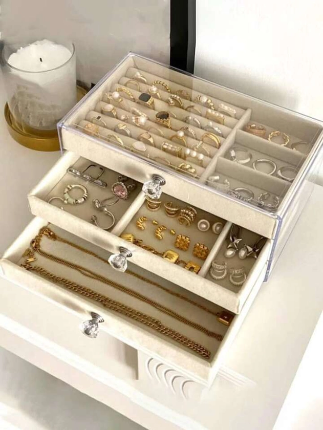 1pc Exquisite Multi-layer Premium Jewelry Storage Box, Earring Necklace Ring Organizer, Velvet Flip Lid Drawer Style Trinket Case